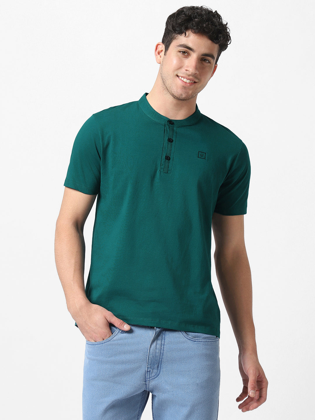 Men's Dark Green Solid Mandarin Collar Slim Fit Cotton T-Shirt