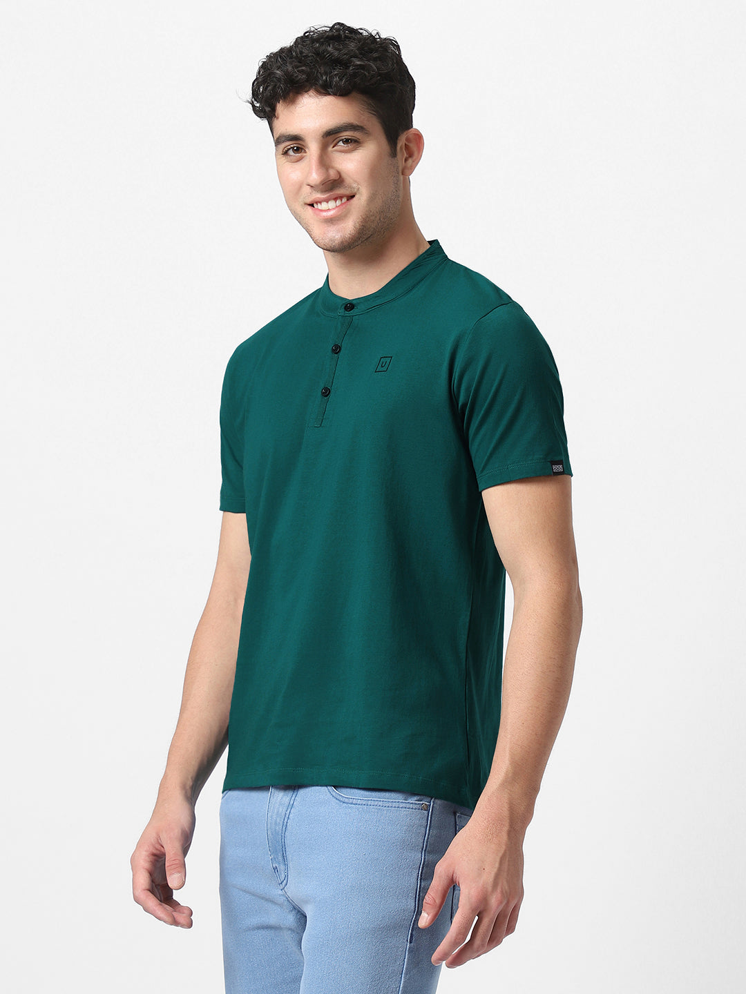 Men's Dark Green Solid Mandarin Collar Slim Fit Cotton T-Shirt