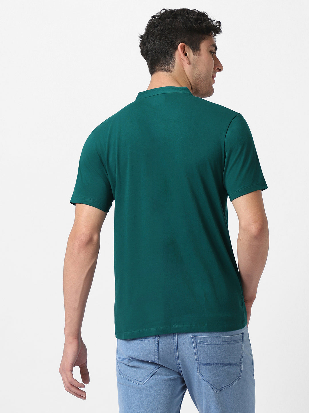 Men's Dark Green Solid Mandarin Collar Slim Fit Cotton T-Shirt