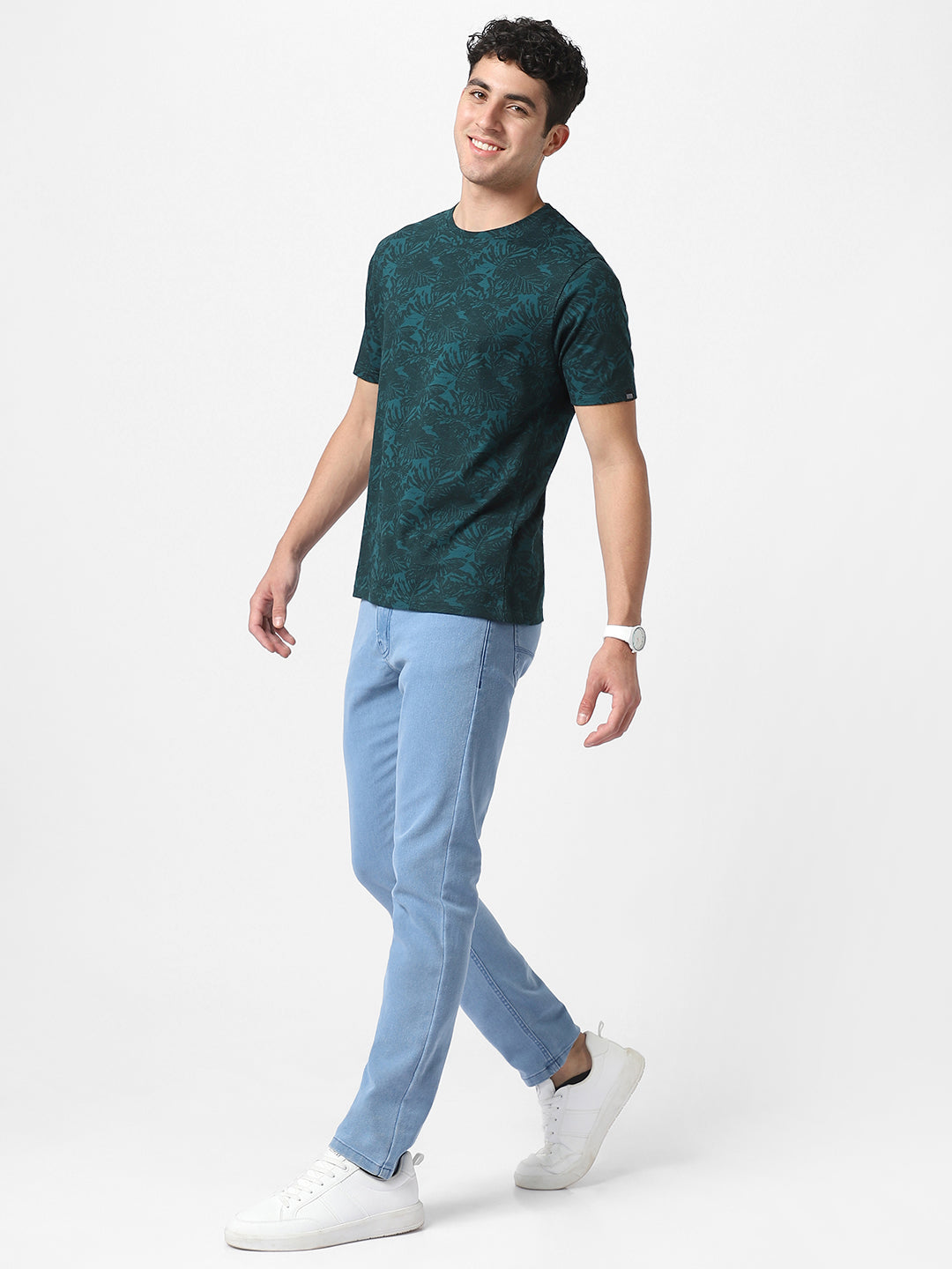 Men's Dark Green Printed Slim Fit Cotton Hal Sleeve T-Shirt