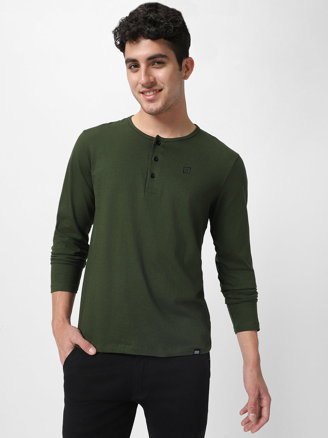 Men's Olive Green Solid Henley Neck Slim Fit Cotton T-Shirt