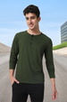 Men's Olive Green Solid Henley Neck Slim Fit Cotton T-Shirt