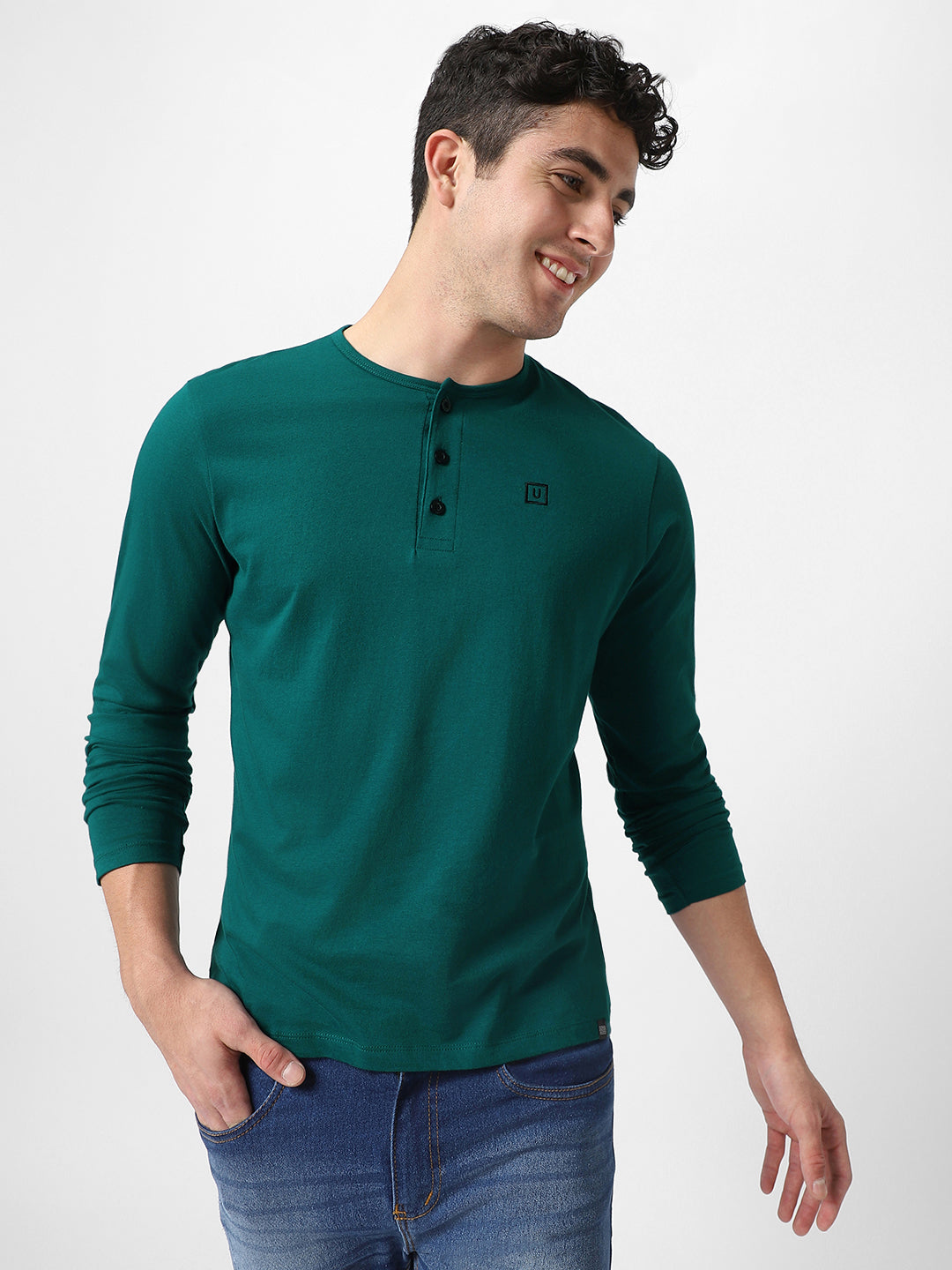 Men's Dark Green Solid Henley Neck Slim Fit Cotton T-Shirt