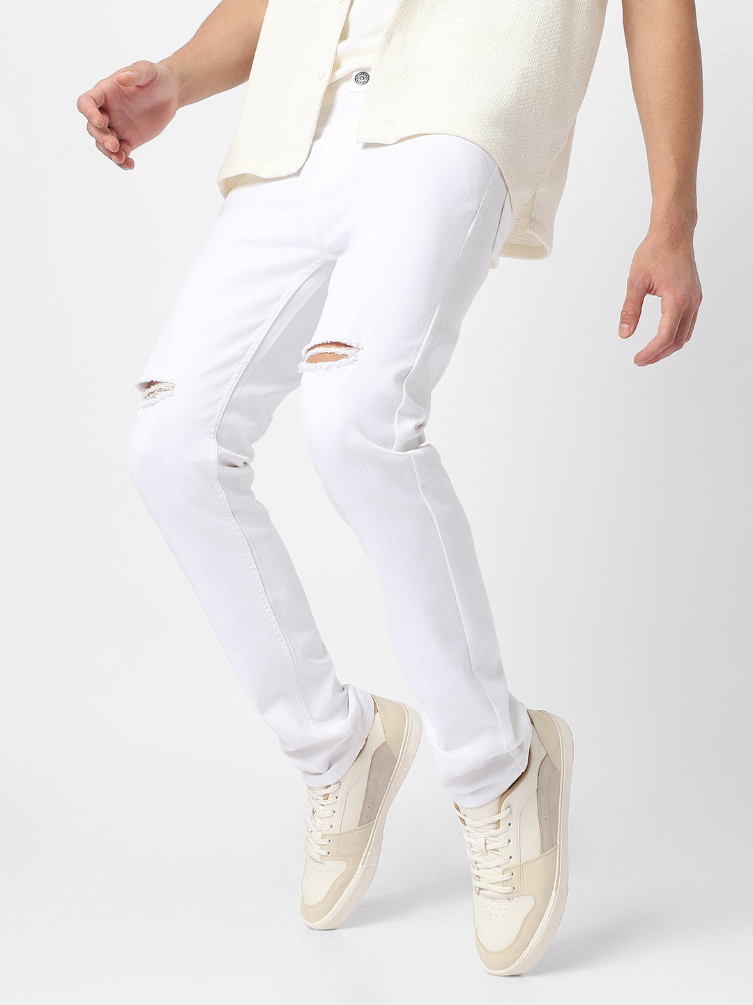 Men's White Knee Slit Distressed Jeans Stretchable