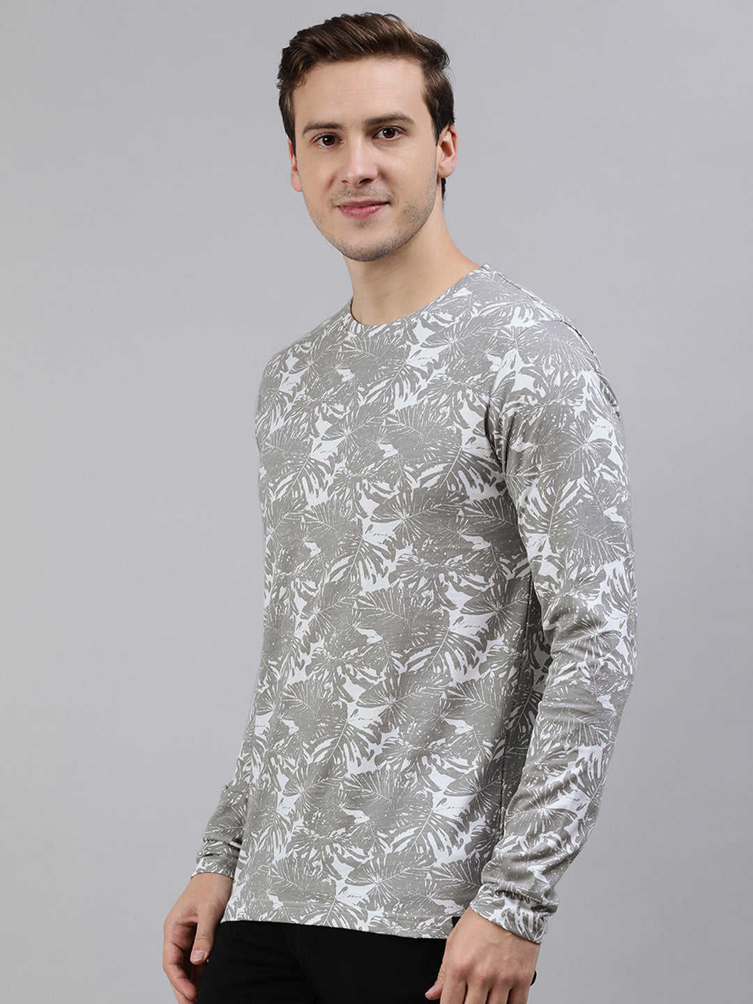 Men's White Grey Printed Full Sleeve Slim Fit Cotton T-Shirt