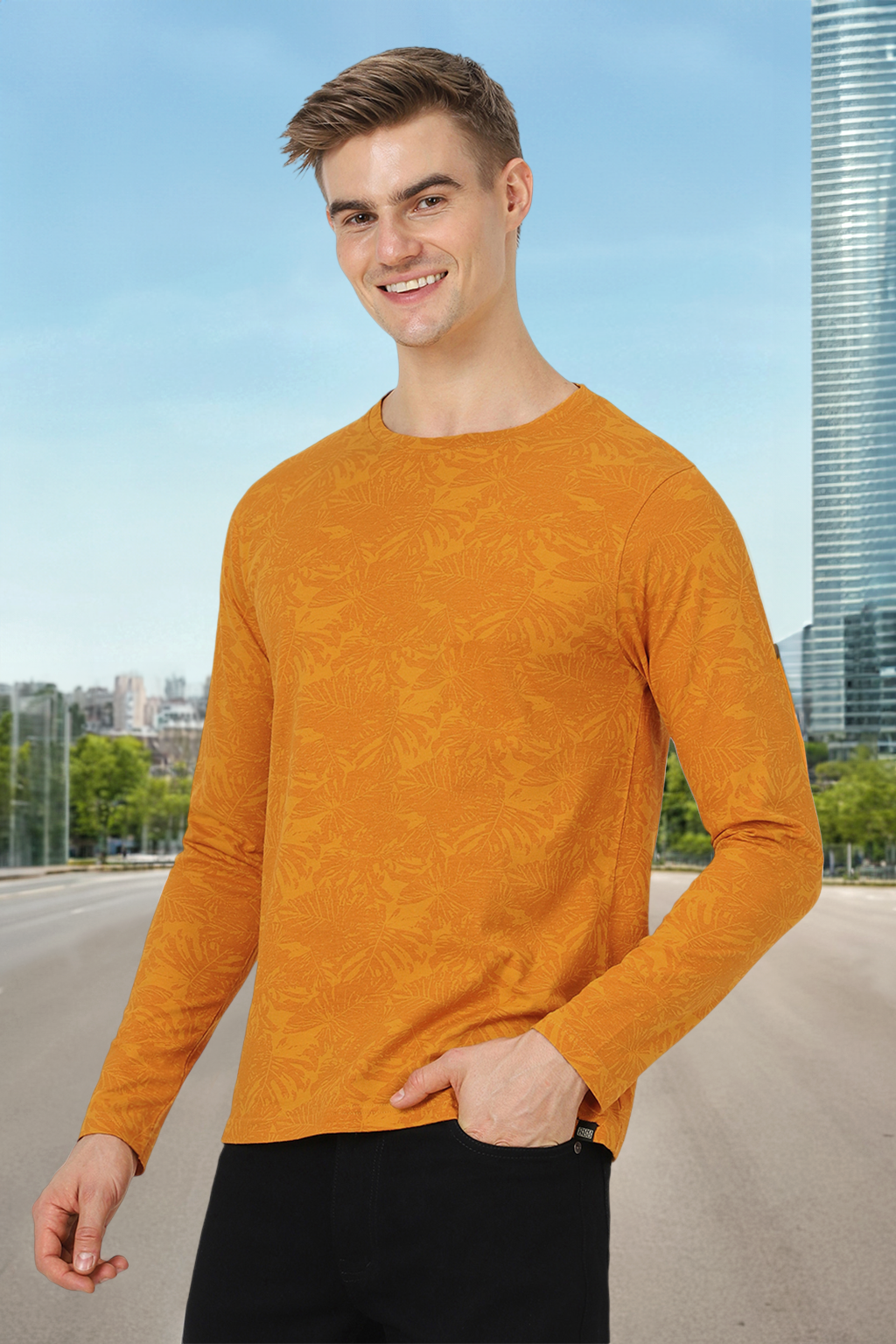 Men's Mustard Printed Full Sleeve Slim Fit Cotton T-Shirt