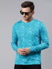 Men's Aqua Blue Printed Full Sleeve Slim Fit Cotton T-Shirt