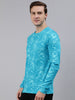 Men's Aqua Blue Printed Full Sleeve Slim Fit Cotton T-Shirt