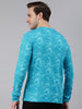 Men's Aqua Blue Printed Full Sleeve Slim Fit Cotton T-Shirt