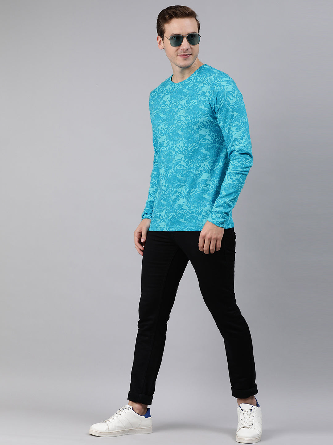 Men's Aqua Blue Printed Full Sleeve Slim Fit Cotton T-Shirt