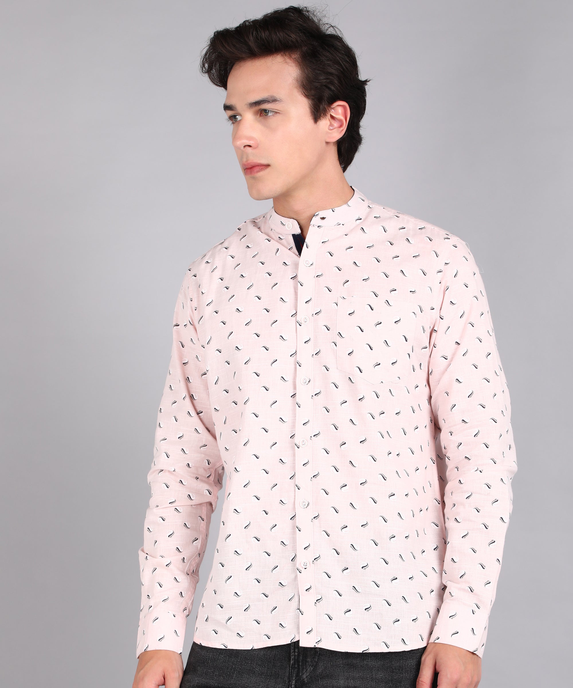 Men's Pink Cotton Full Sleeve Slim Fit Casual Printed Shirt with Mandarin Collar