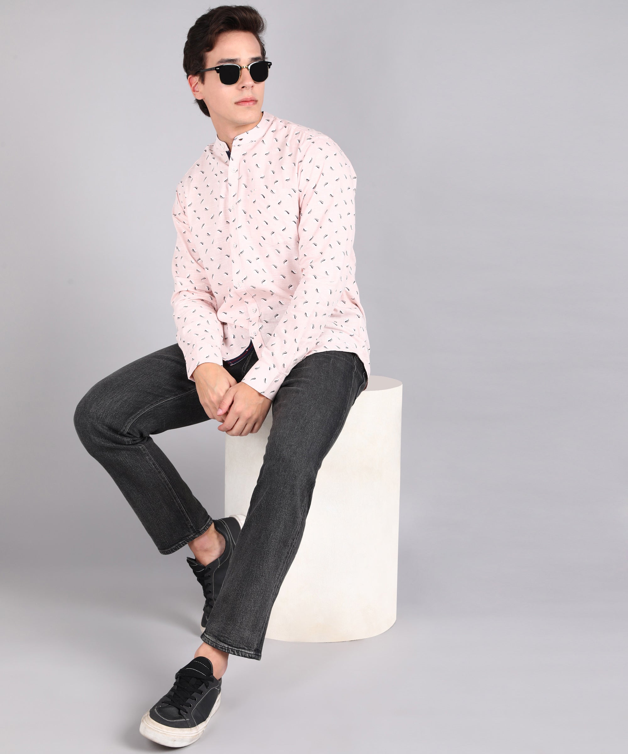 Men's Pink Cotton Full Sleeve Slim Fit Casual Printed Shirt with Mandarin Collar