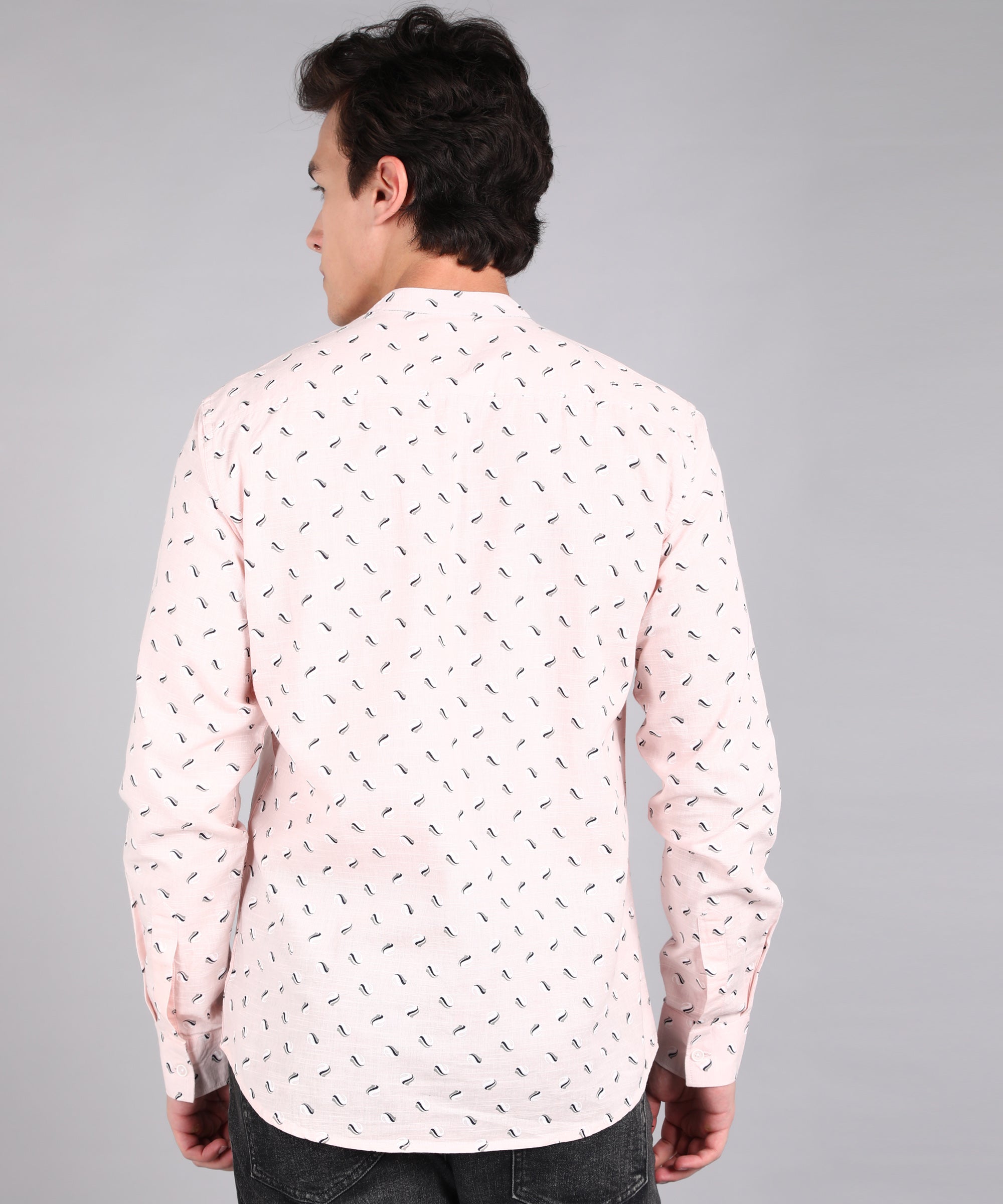 Men's Pink Cotton Full Sleeve Slim Fit Casual Printed Shirt with Mandarin Collar