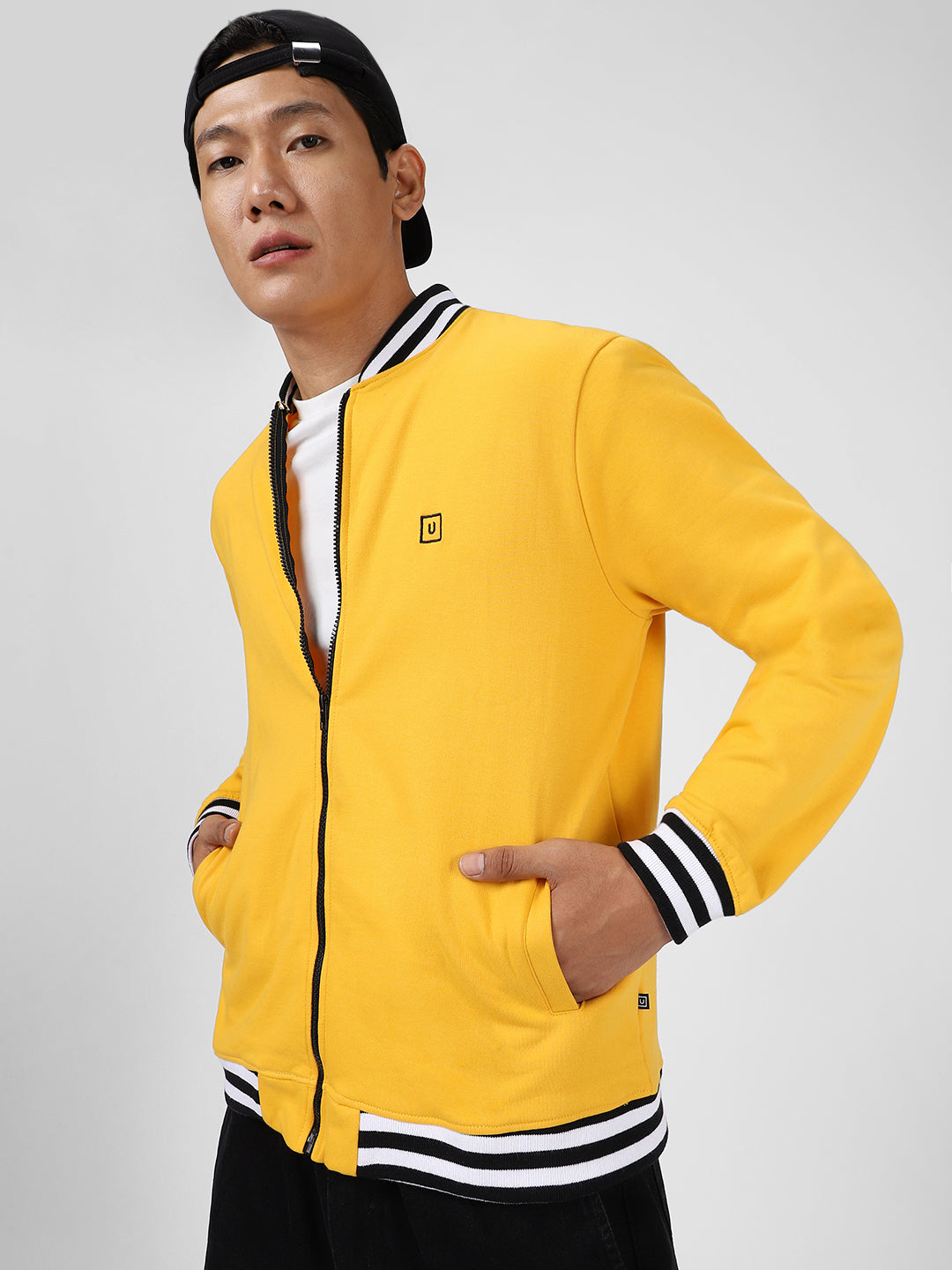 Men's Yellow Cotton Zippered Varsity Sweatshirt