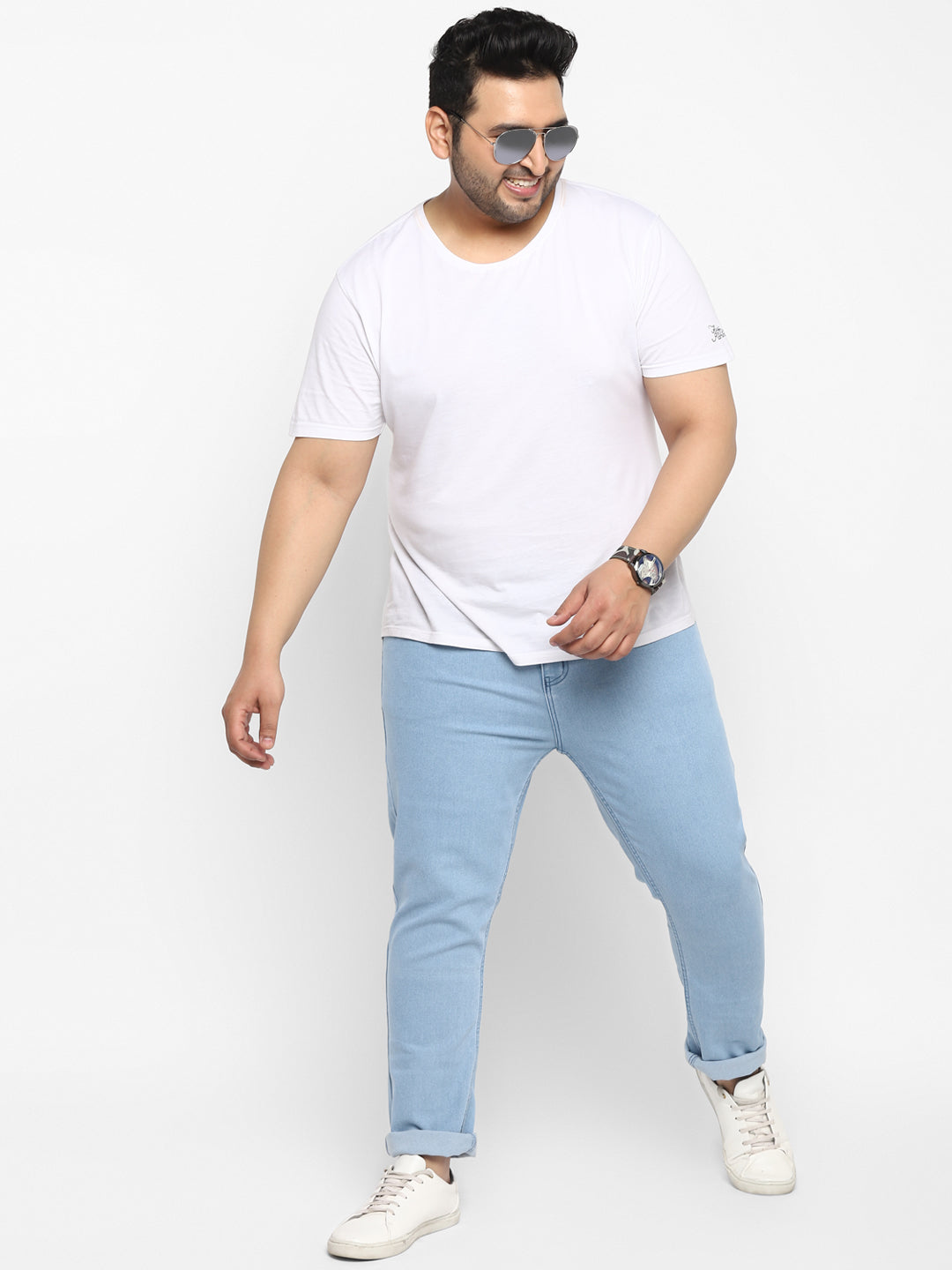 Plus Men's Ice Blue Regular Fit Solid Jeans Stretchable