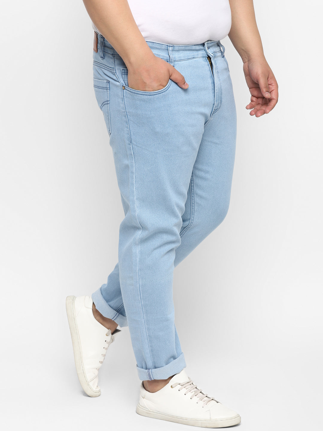 Plus Men's Ice Blue Regular Fit Solid Jeans Stretchable