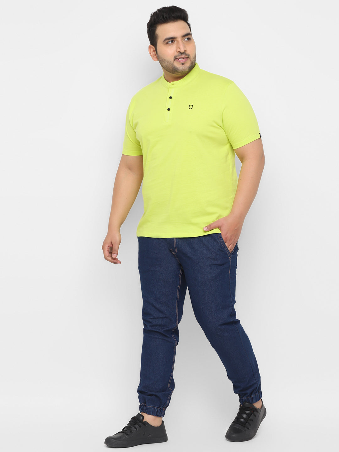 Plus Men's Lemon Yellow Solid Mandarin Collar Regular Fit Cotton T-Shirt