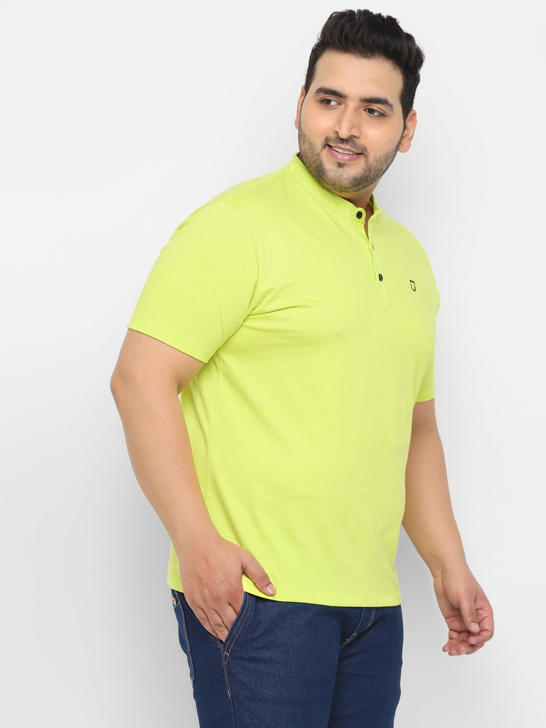 Plus Men's Lemon Yellow Solid Mandarin Collar Regular Fit Cotton T-Shirt