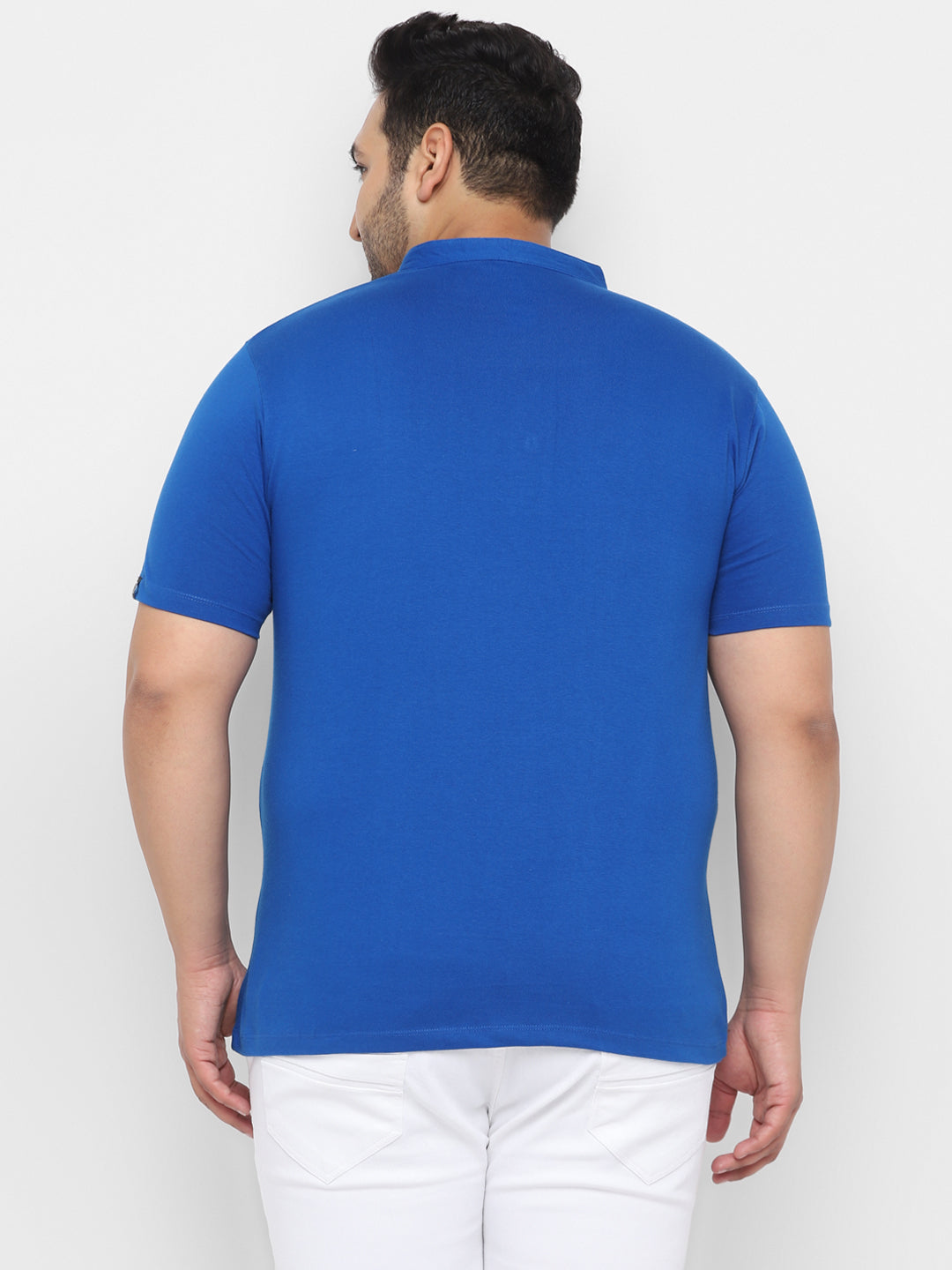 Plus Men's Royal Blue Solid Mandarin Collar Regular Fit Cotton T-Shirt