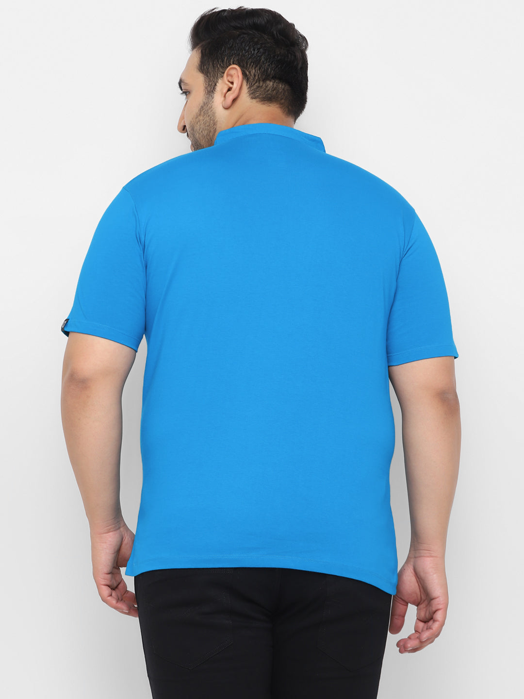 Plus Men's Sky Blue Solid Mandarin Collar Regular Fit Cotton T-Shirt