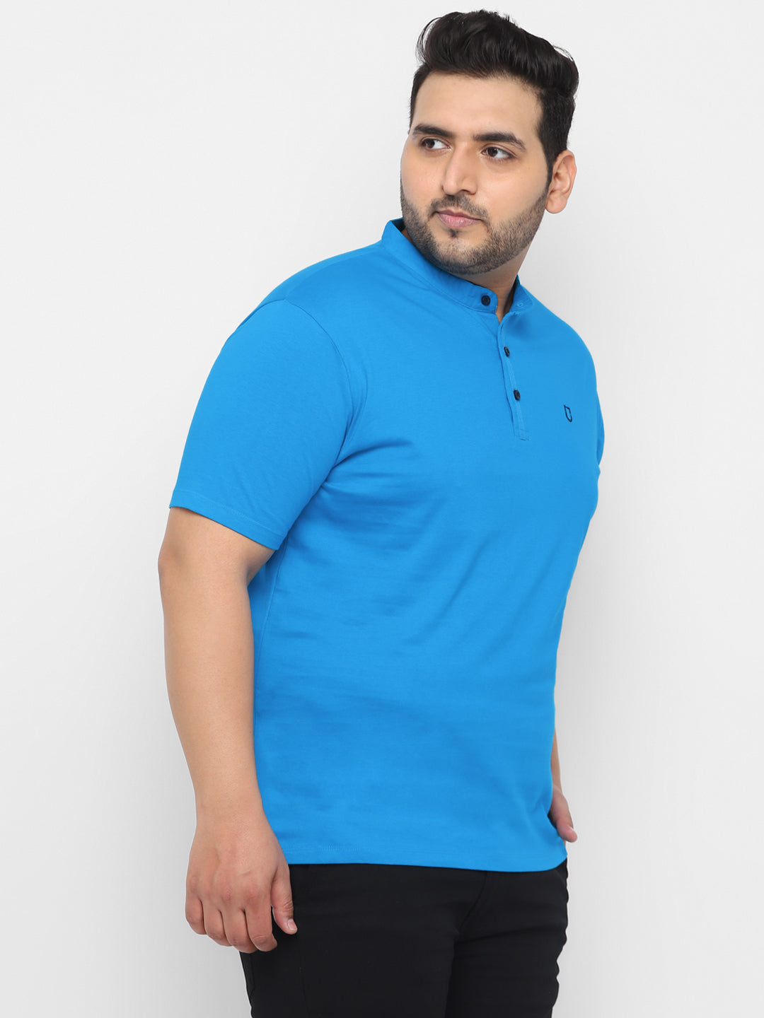 Plus Men's Sky Blue Solid Mandarin Collar Regular Fit Cotton T-Shirt