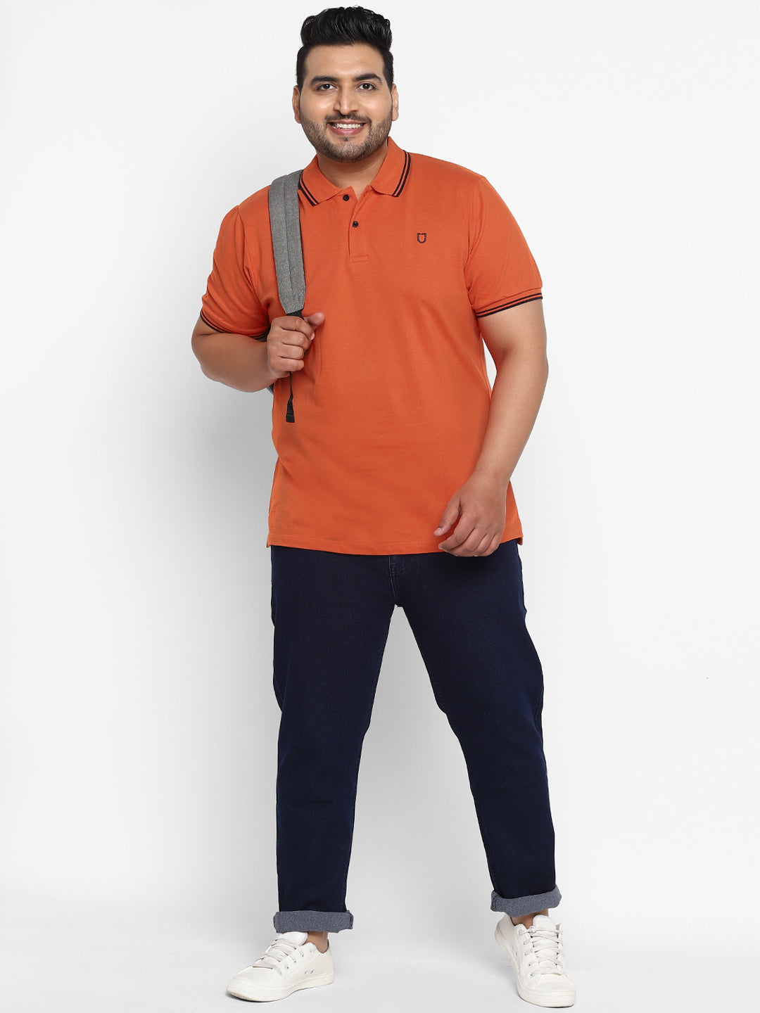 Plus Men's Orange Solid Regular Fit Half Sleeve Cotton Polo T-Shirt