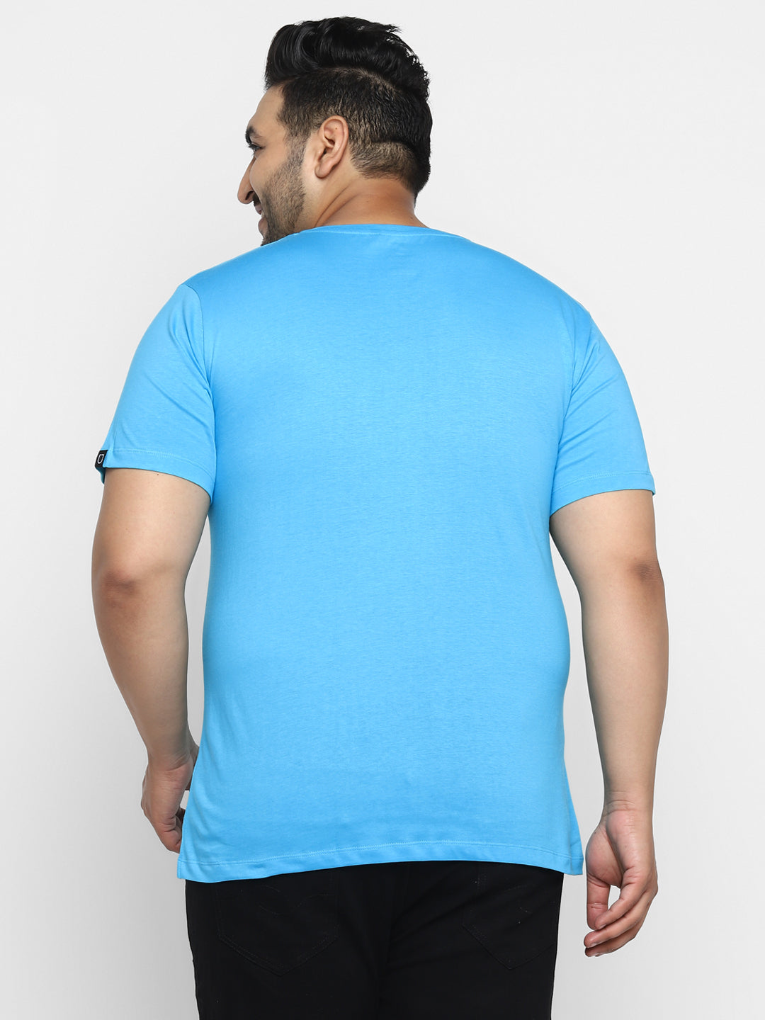 Plus Men's Blue Printed Full Sleeve Regular Fit Cotton T-Shirt