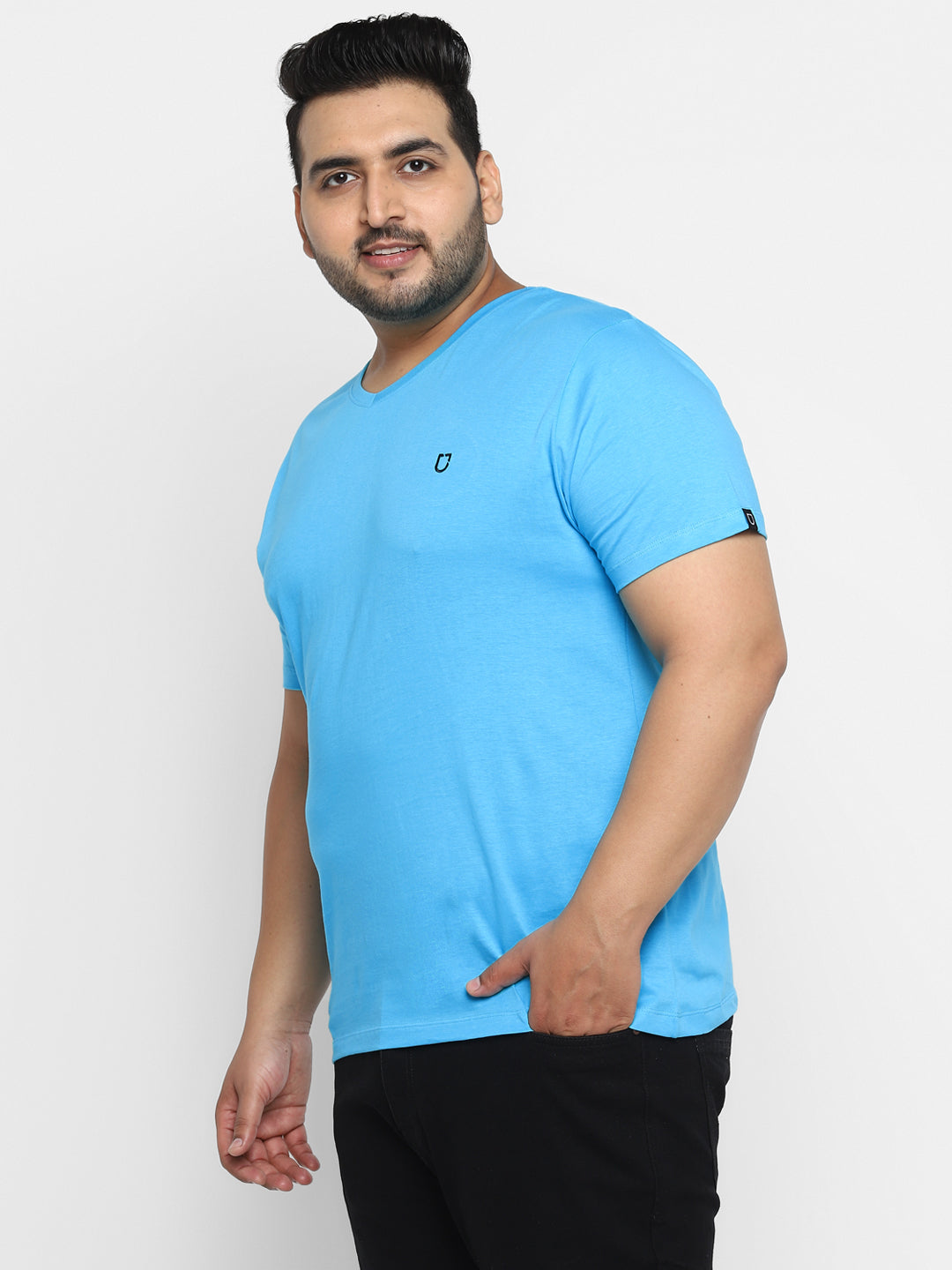 Plus Men's Blue Printed Full Sleeve Regular Fit Cotton T-Shirt