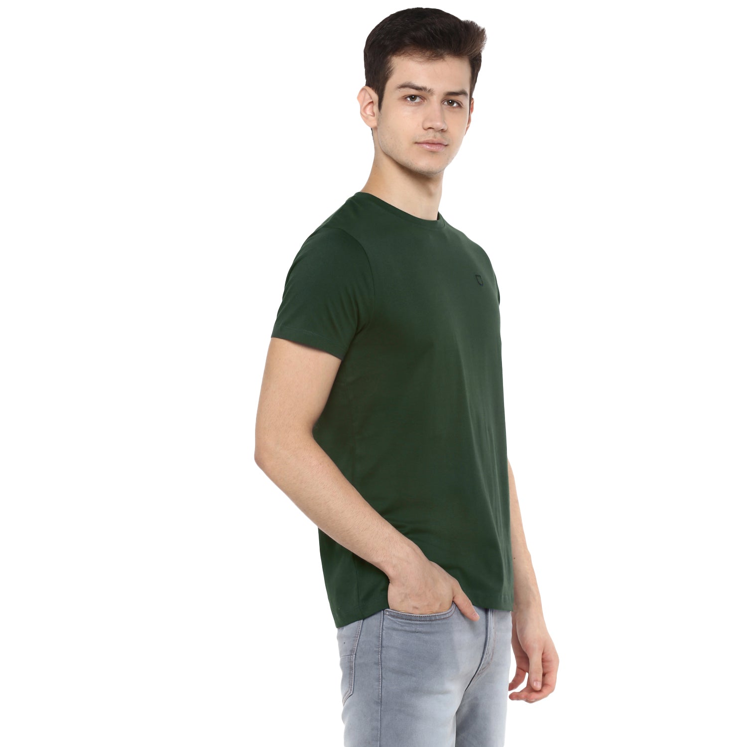 Men's Dark Green Solid Slim Fit Round Neck Cotton T-Shirt