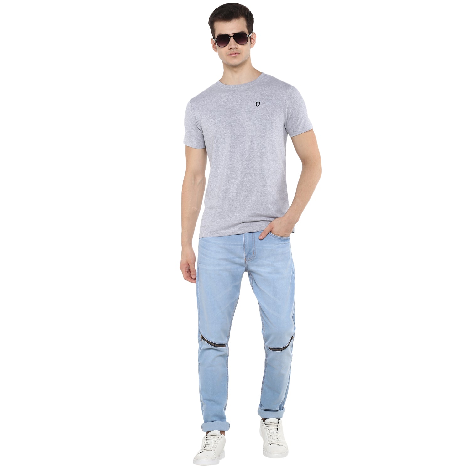 Men's Grey Melange Solid Slim Fit Round Neck Cotton T-Shirt