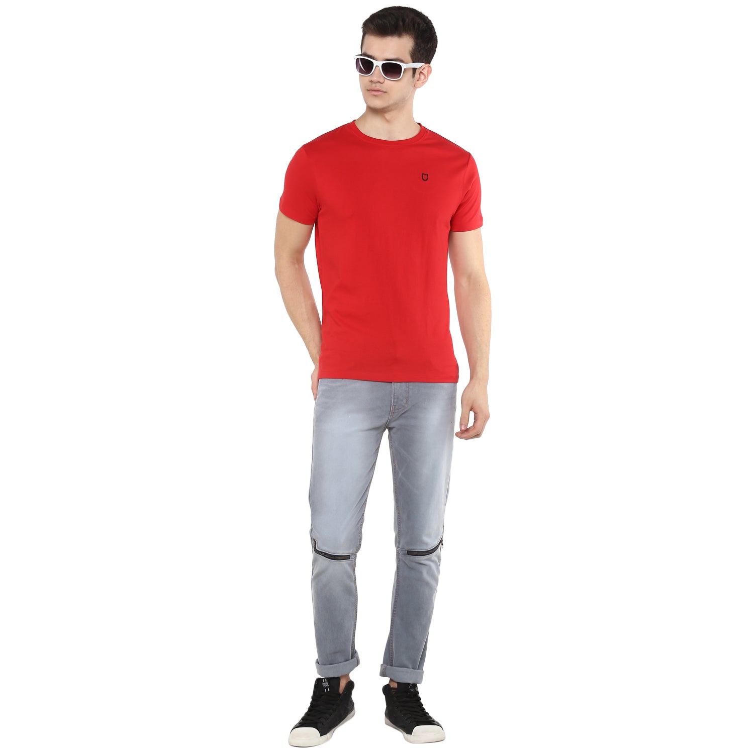 Men's Red Solid Slim Fit Round Neck Cotton T-Shirt