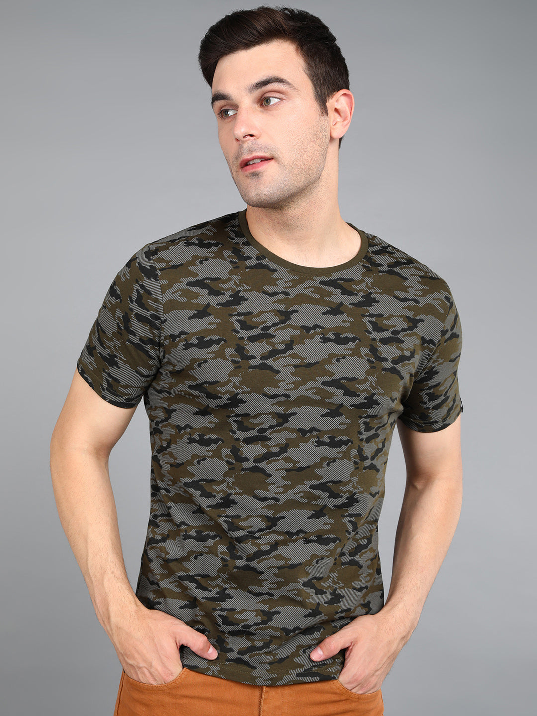 Men's Olive Military Camouflage Printed Slim Fit Half Sleeve Cotton T-Shirt