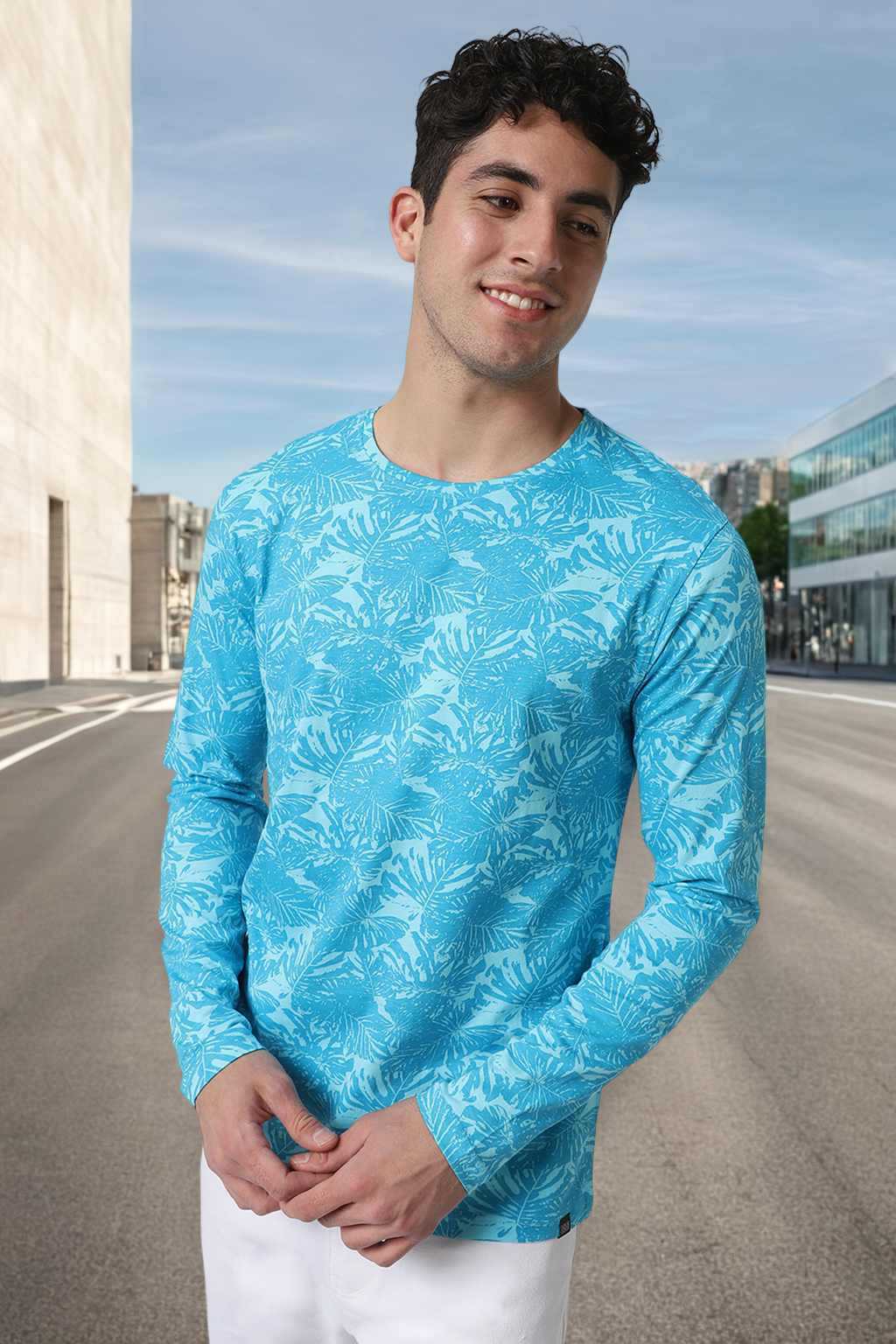 Men's Aqua Blue Printed Full Sleeve Slim Fit Cotton T-Shirt