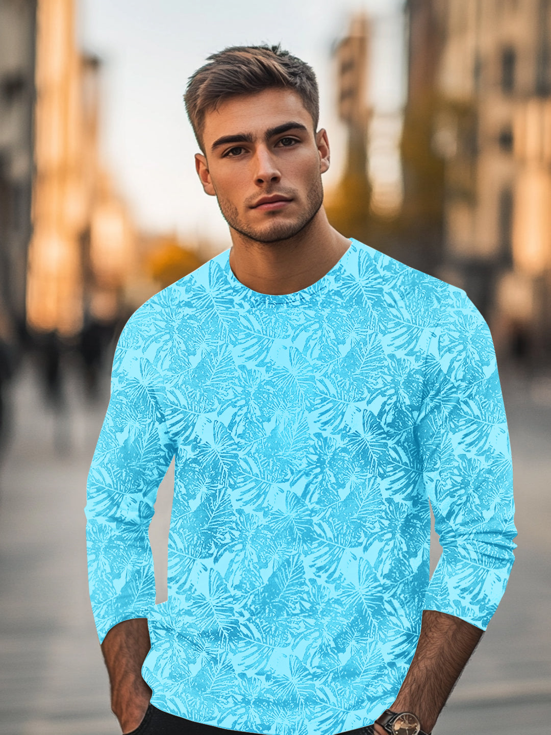 Men's Aqua Blue Printed Full Sleeve Slim Fit Cotton T-Shirt