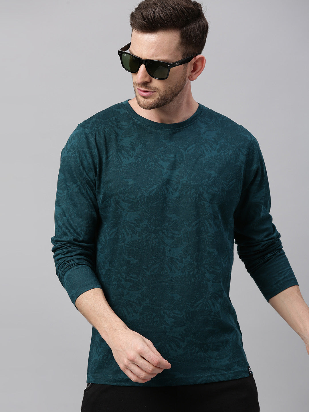 Men's Slim Fit Dark Green Printed Full Sleeve T-Shirt