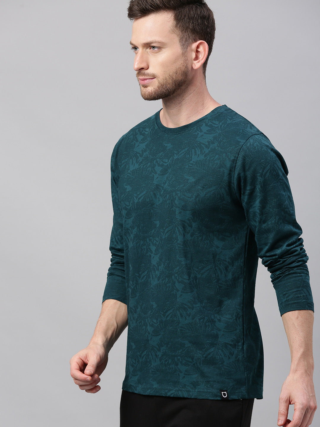 Men's Slim Fit Dark Green Printed Full Sleeve T-Shirt