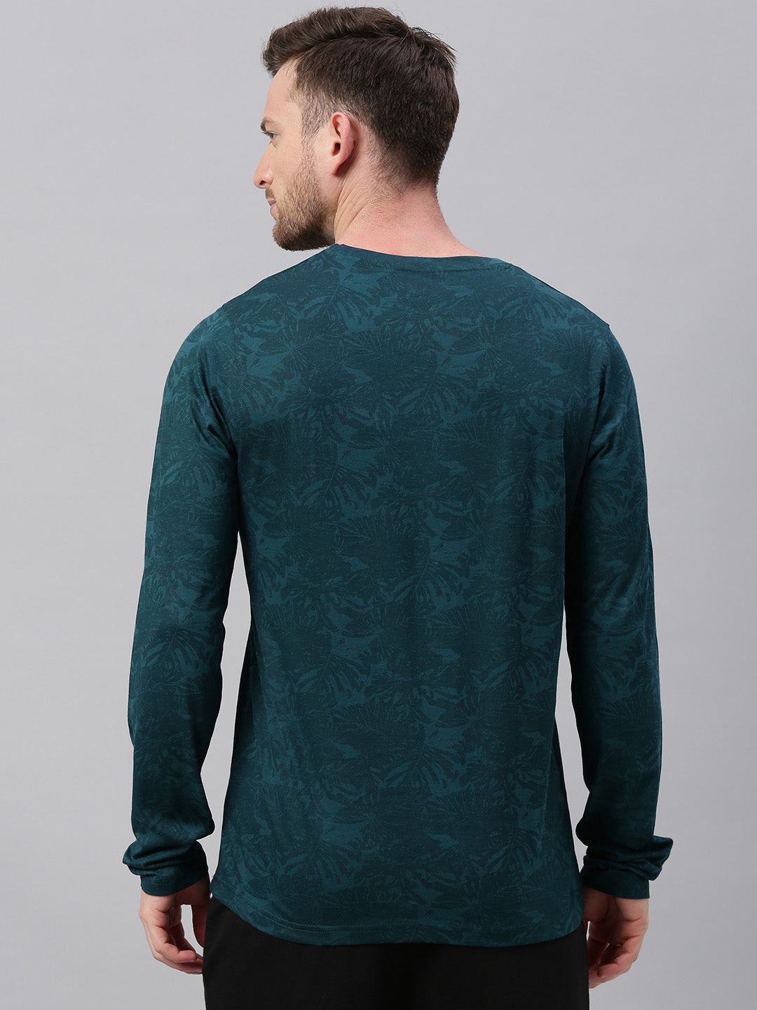 Men's Slim Fit Dark Green Printed Full Sleeve T-Shirt