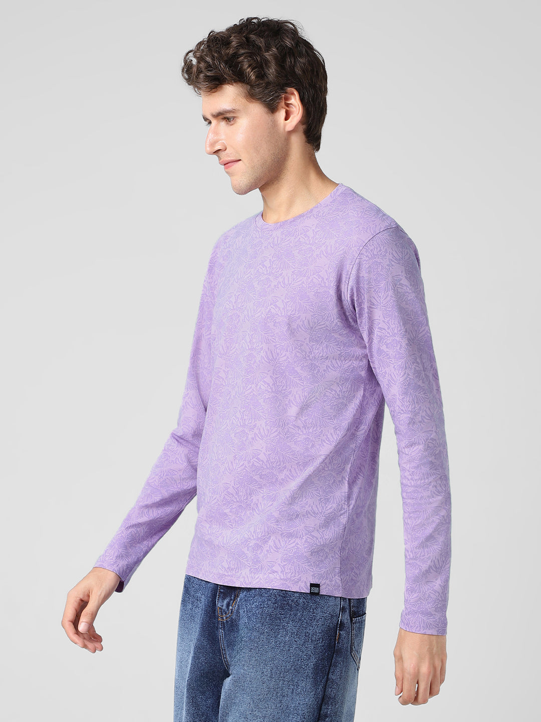 Men's Lilac Printed Full Sleeve Slim Fit Cotton T-Shirt