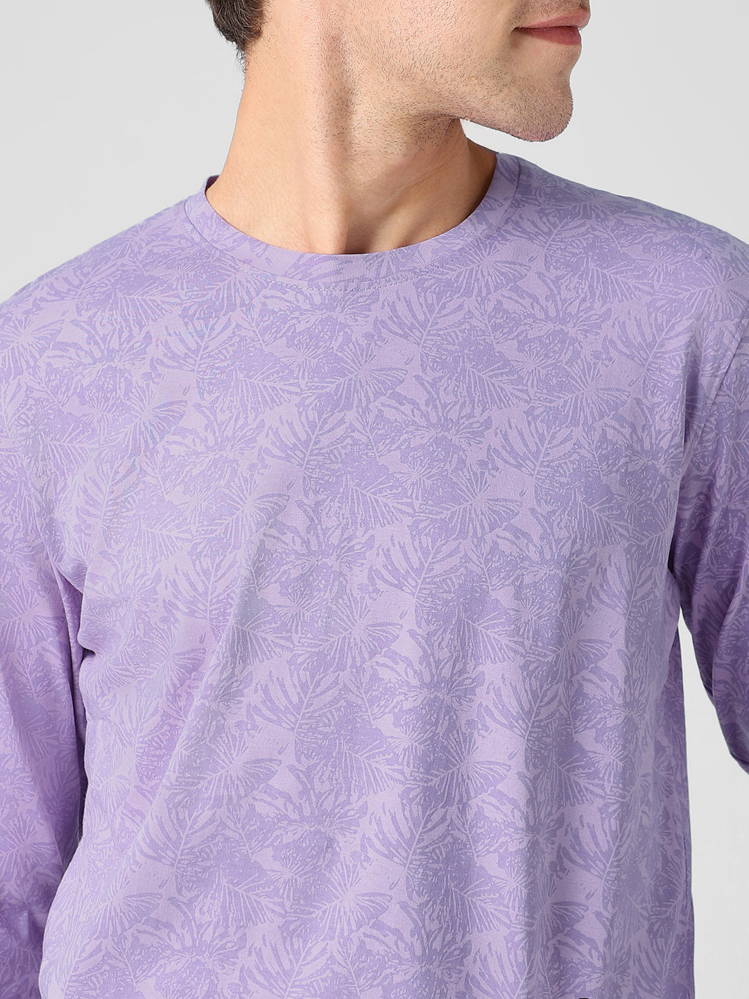 Men's Lilac Printed Full Sleeve Slim Fit Cotton T-Shirt