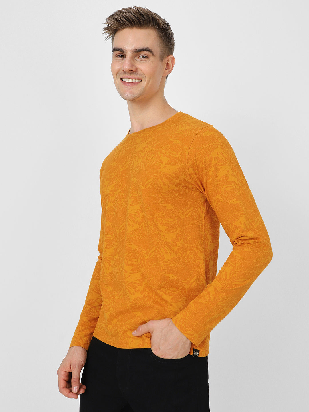 Men's Mustard Printed Full Sleeve Slim Fit Cotton T-Shirt