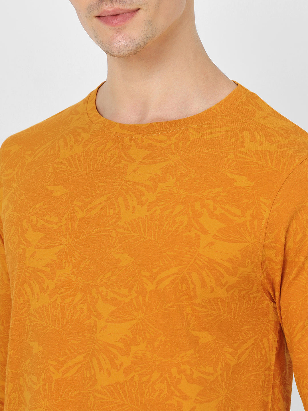 Men's Mustard Printed Full Sleeve Slim Fit Cotton T-Shirt