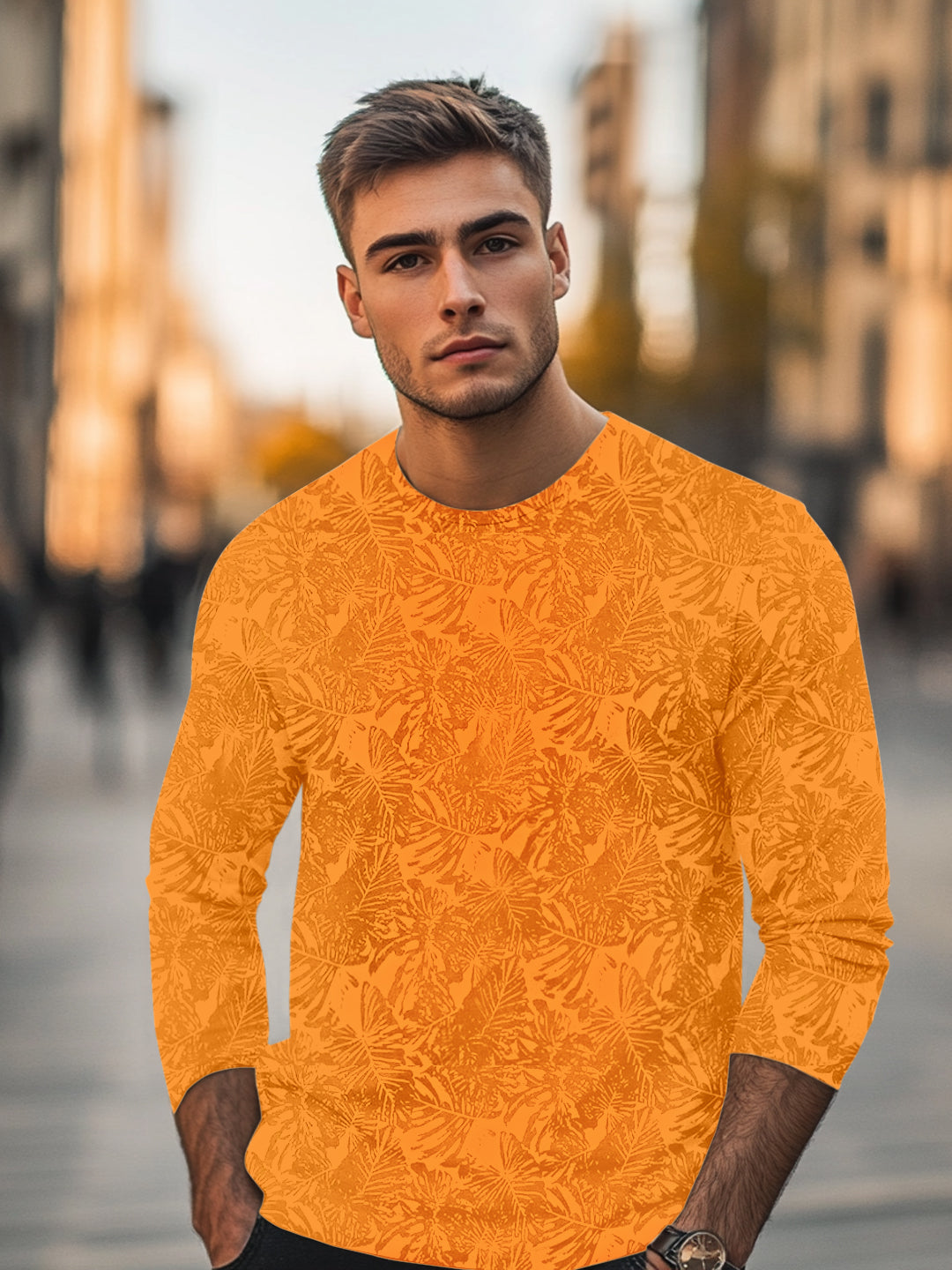 Men's Mustard Printed Full Sleeve Slim Fit Cotton T-Shirt