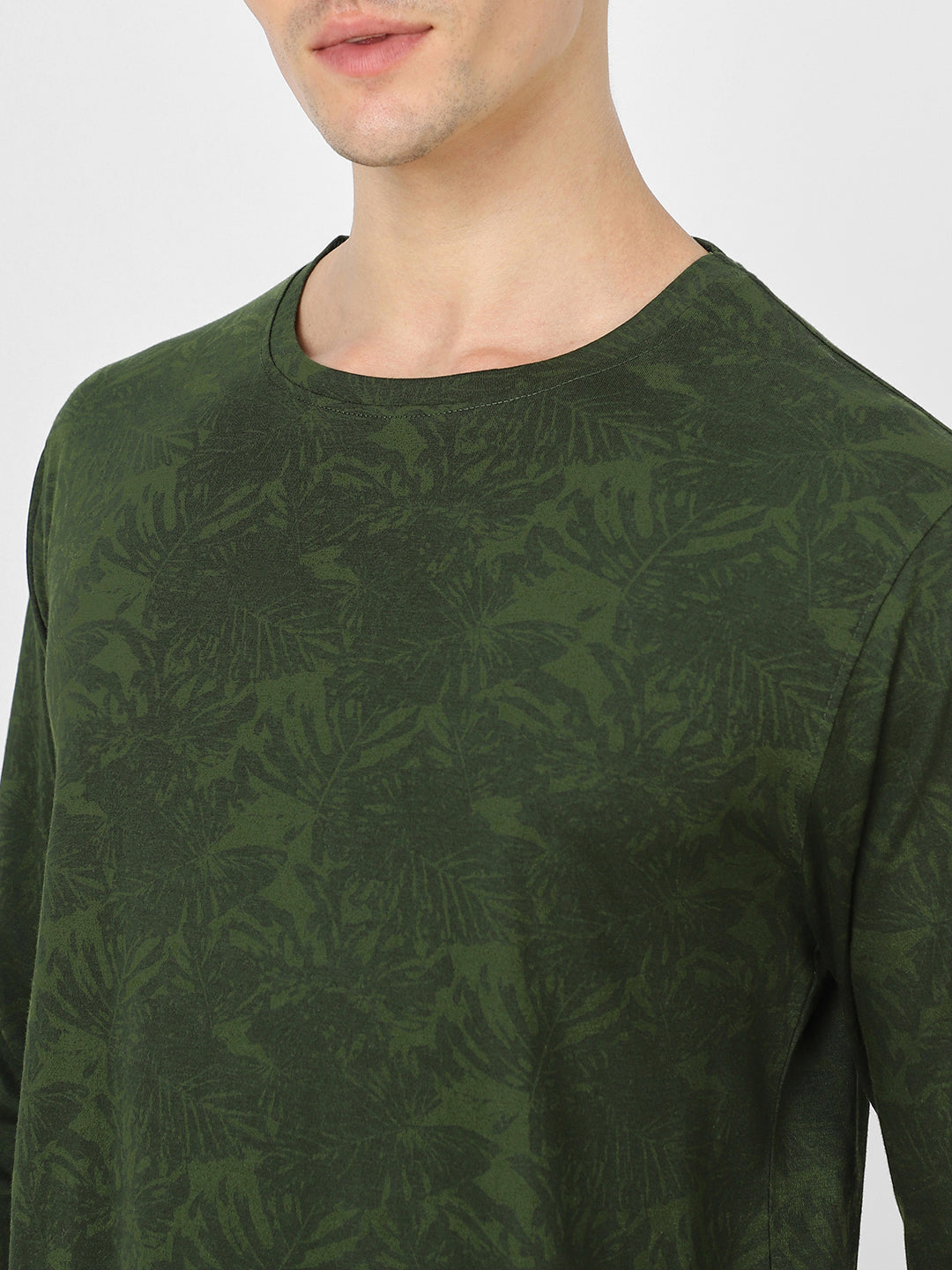 Men's Olive Green Printed Full Sleeve Slim Fit Cotton T-Shirt