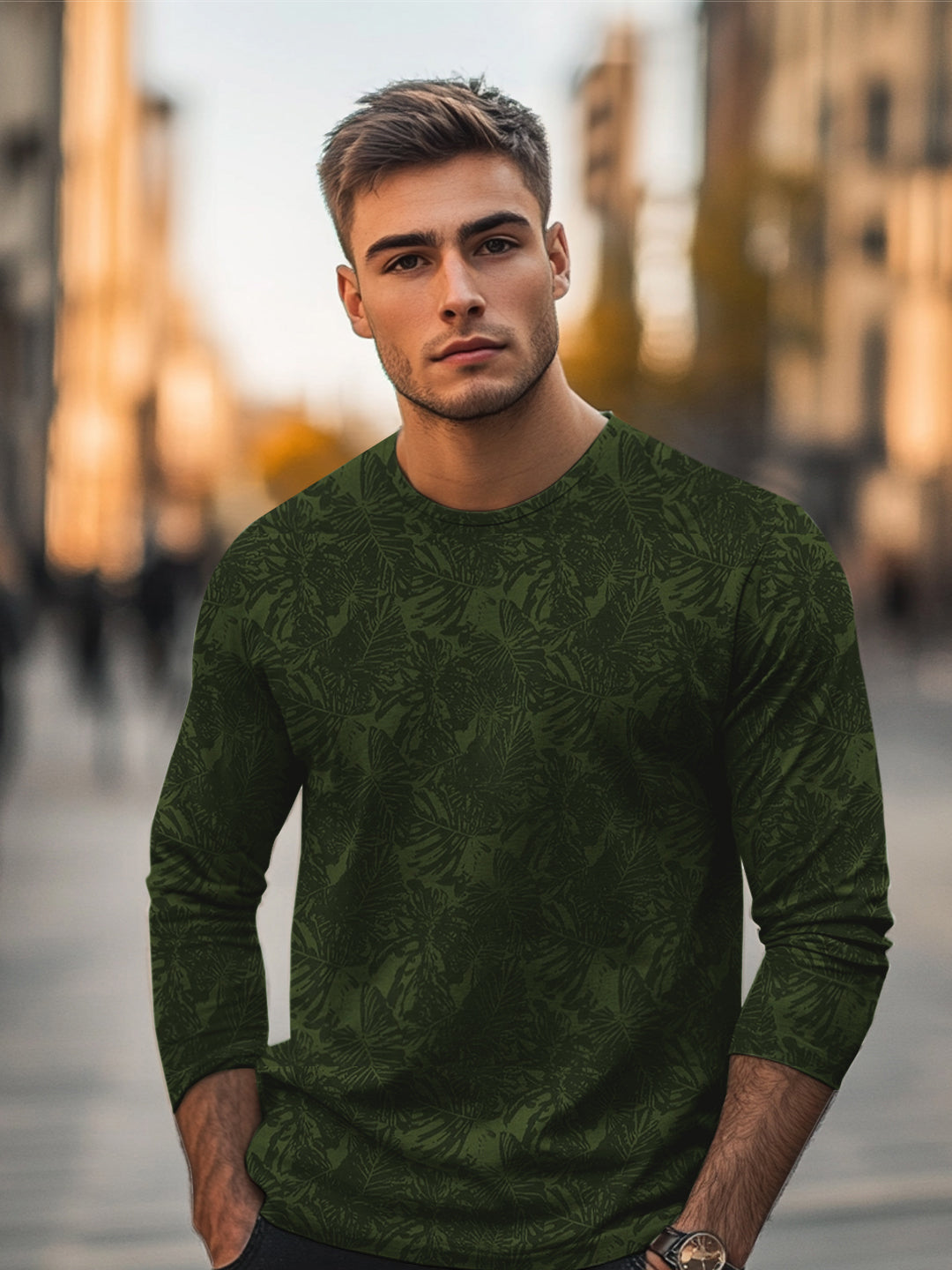 Men's Olive Green Printed Full Sleeve Slim Fit Cotton T-Shirt