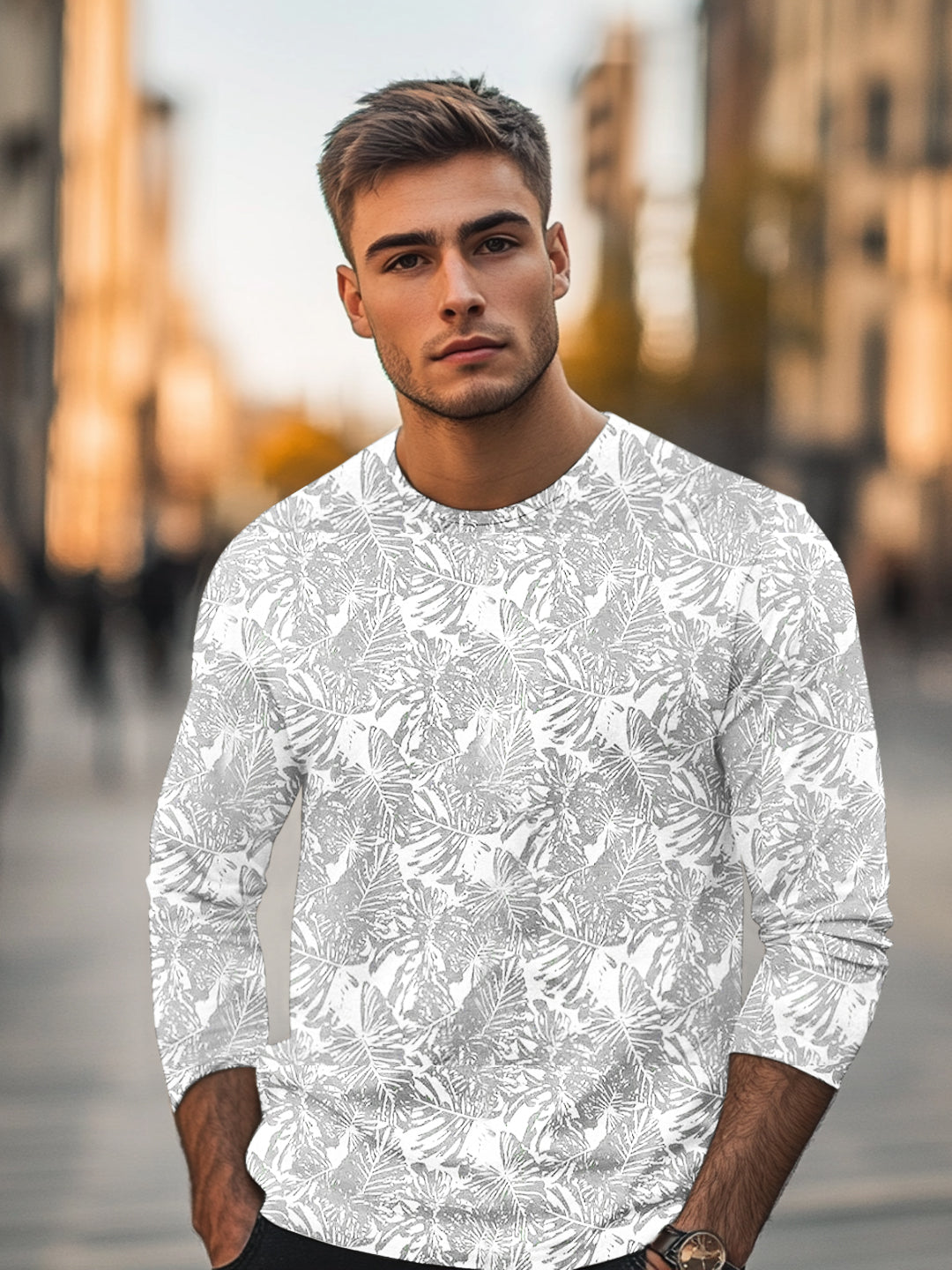 Men's White Grey Printed Full Sleeve Slim Fit Cotton T-Shirt