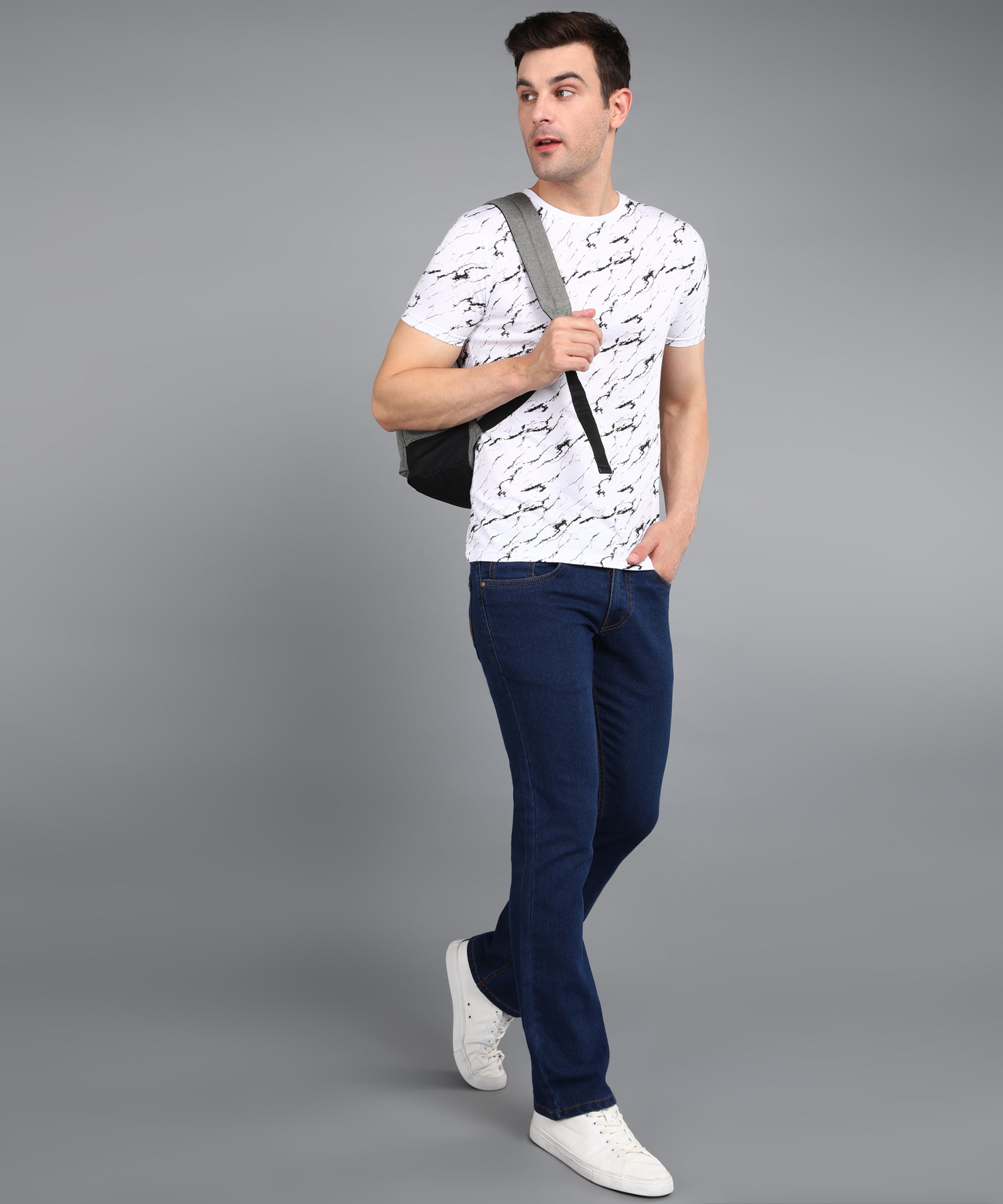 Men's White Printed Round Neck Half Sleeve Slim Fit Cotton T-Shirt