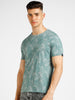 Men's Light Green Printed Round Neck Half Sleeve Slim Fit Cotton T-Shirt