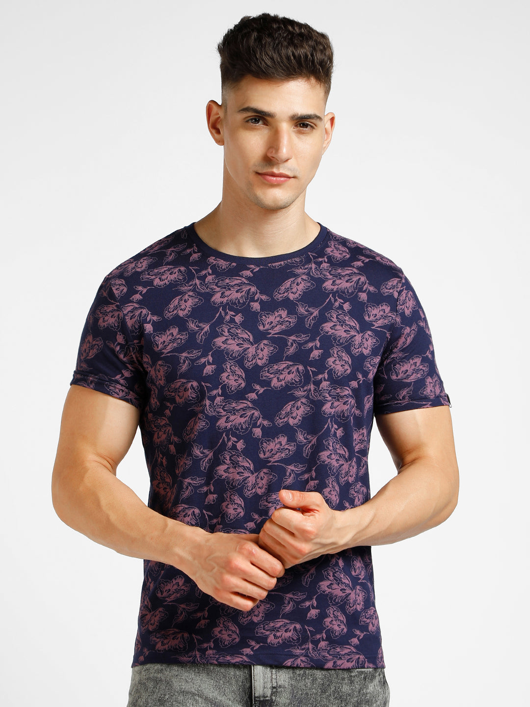 Men's Dark Blue Printed Round Neck Half Sleeve Slim Fit Cotton T-Shirt