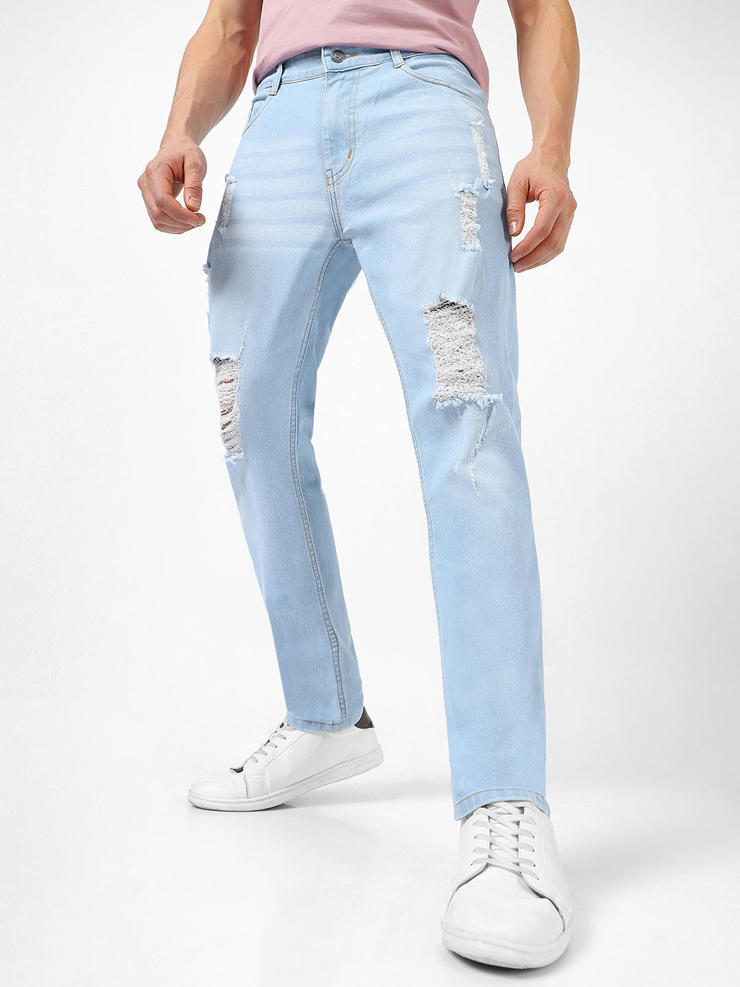 Men's Ice Blue Slim Fit Heavy Distressed/Torn Jeans