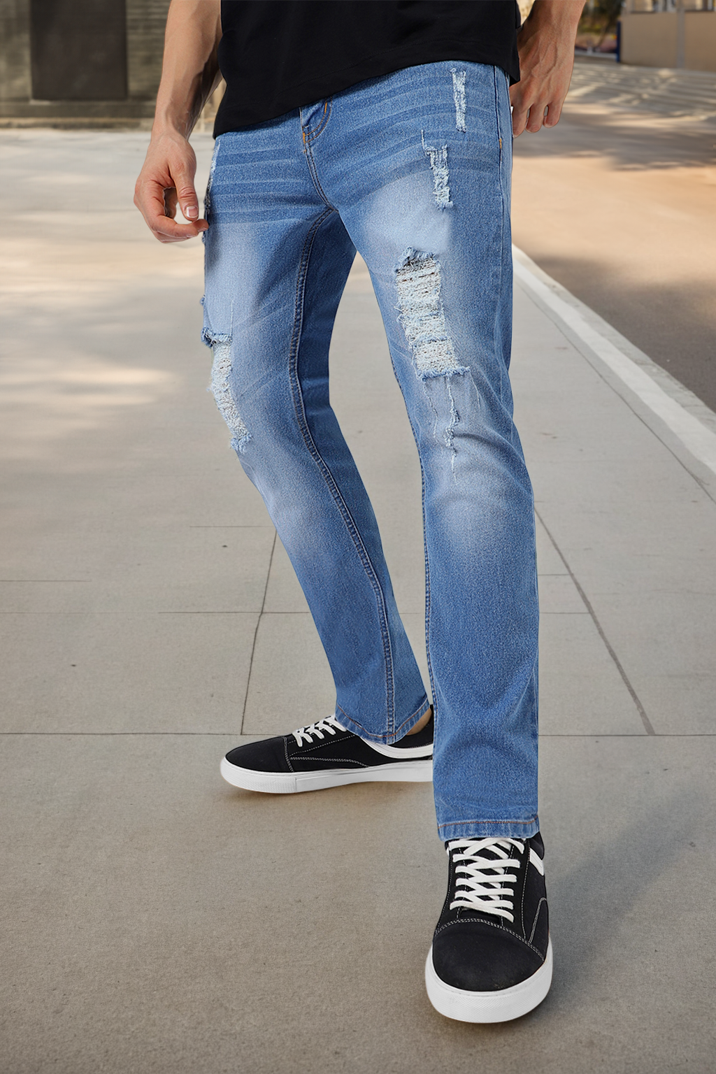 Men's Light Blue Slim Fit Heavy Distressed/Torn Jeans